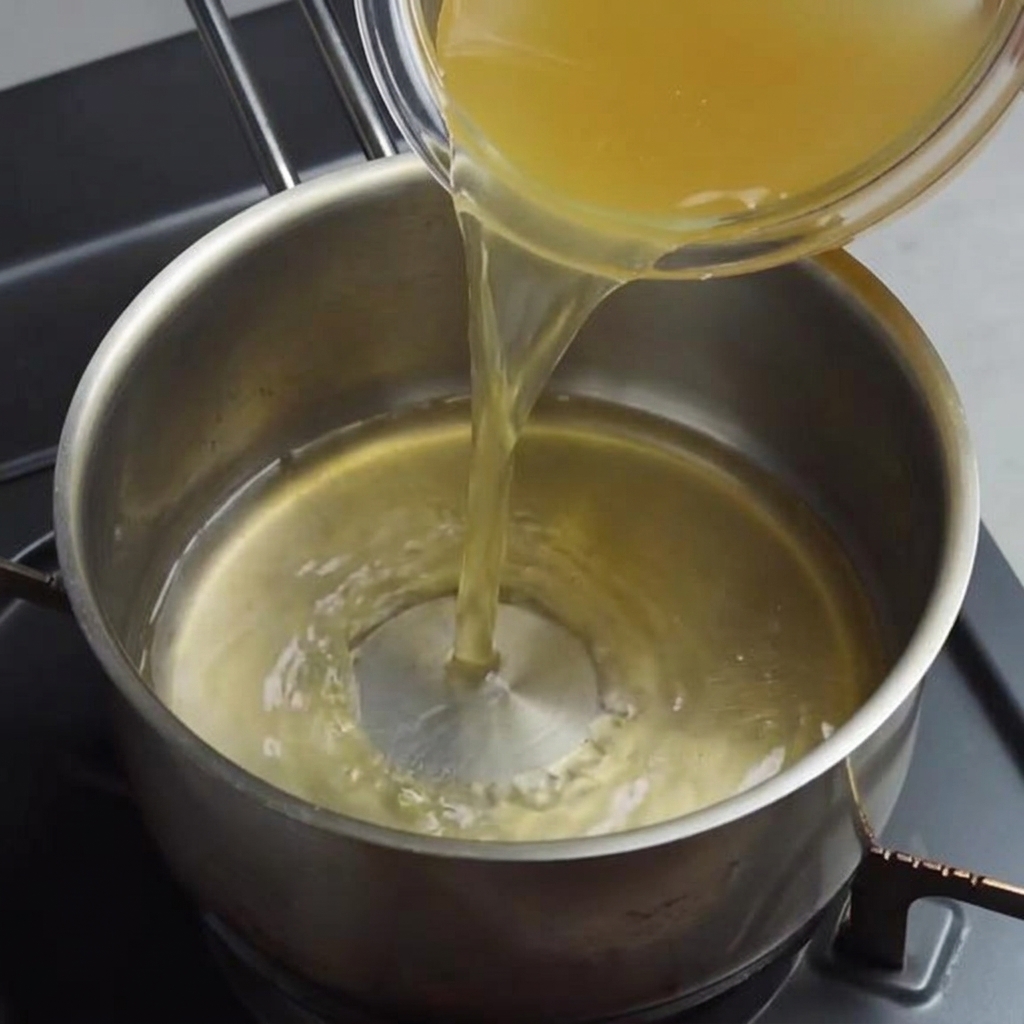Hühnerbrühe wird in einen Topf gegossen, um die Ramen-Brühe anzusetzen.