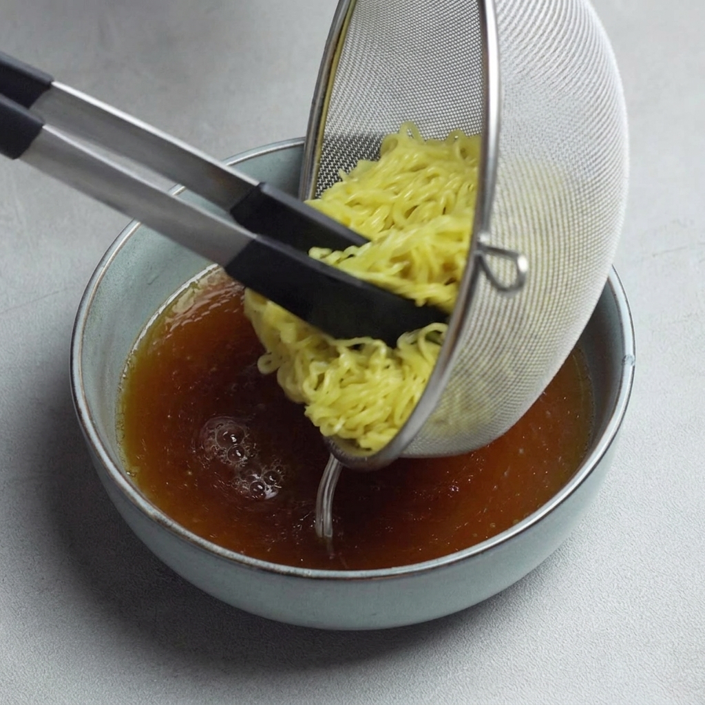 Frisch gekochte Ramen-Nudeln werden in eine Schüssel mit dunkler Brühe gelegt.