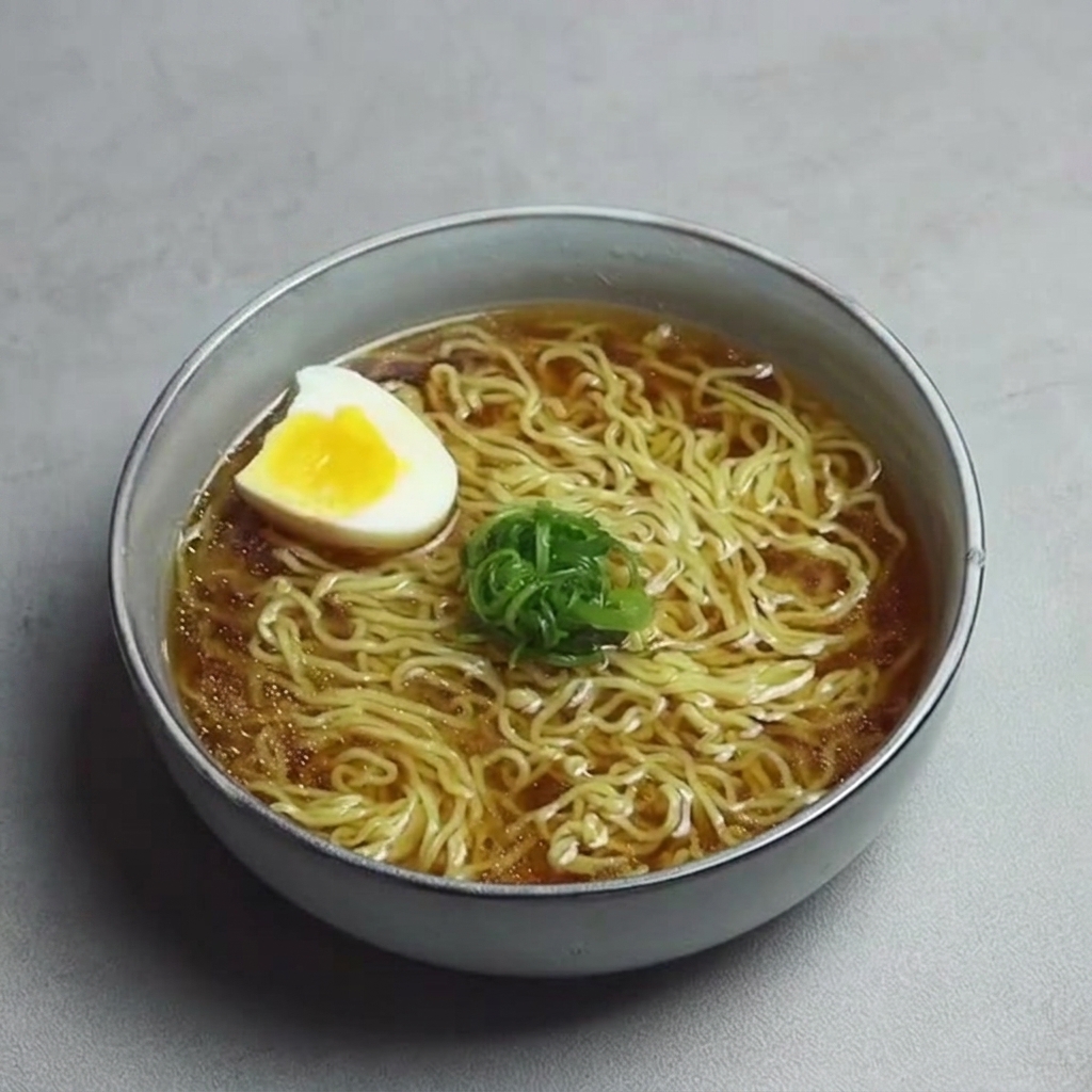 Ein perfekt halbiertes, weich gekochtes Ei liegt auf einer dampfenden Schüssel Ramen.