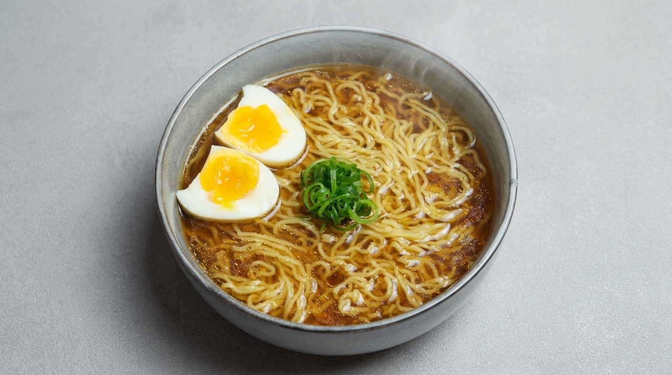 Eine dampfende Schüssel Shoyu-Ramen, garniert mit einem weich gekochten Ei und frischen Frühlingszwiebeln.