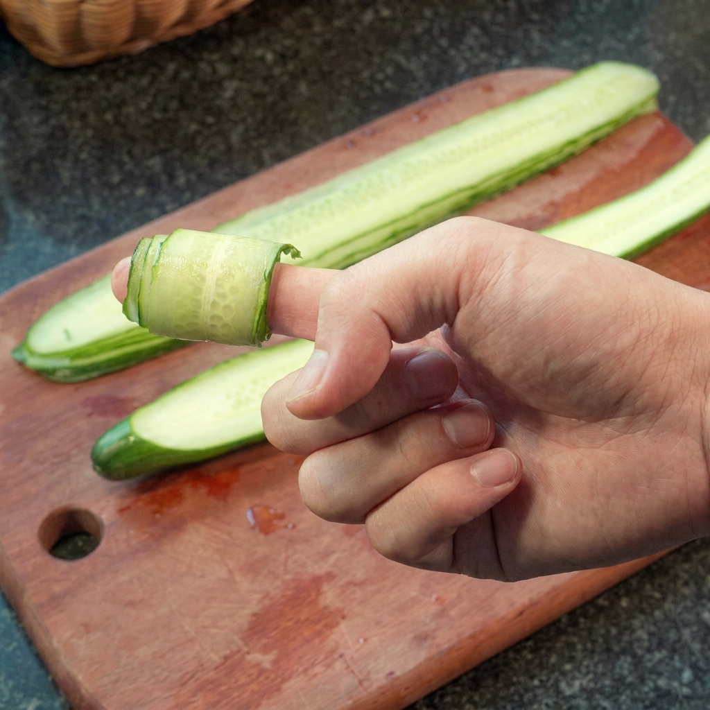 Mit der Hand werden dünne Gurkenstreifen auf einem Holzbrett zu engen Spiralen gerollt.