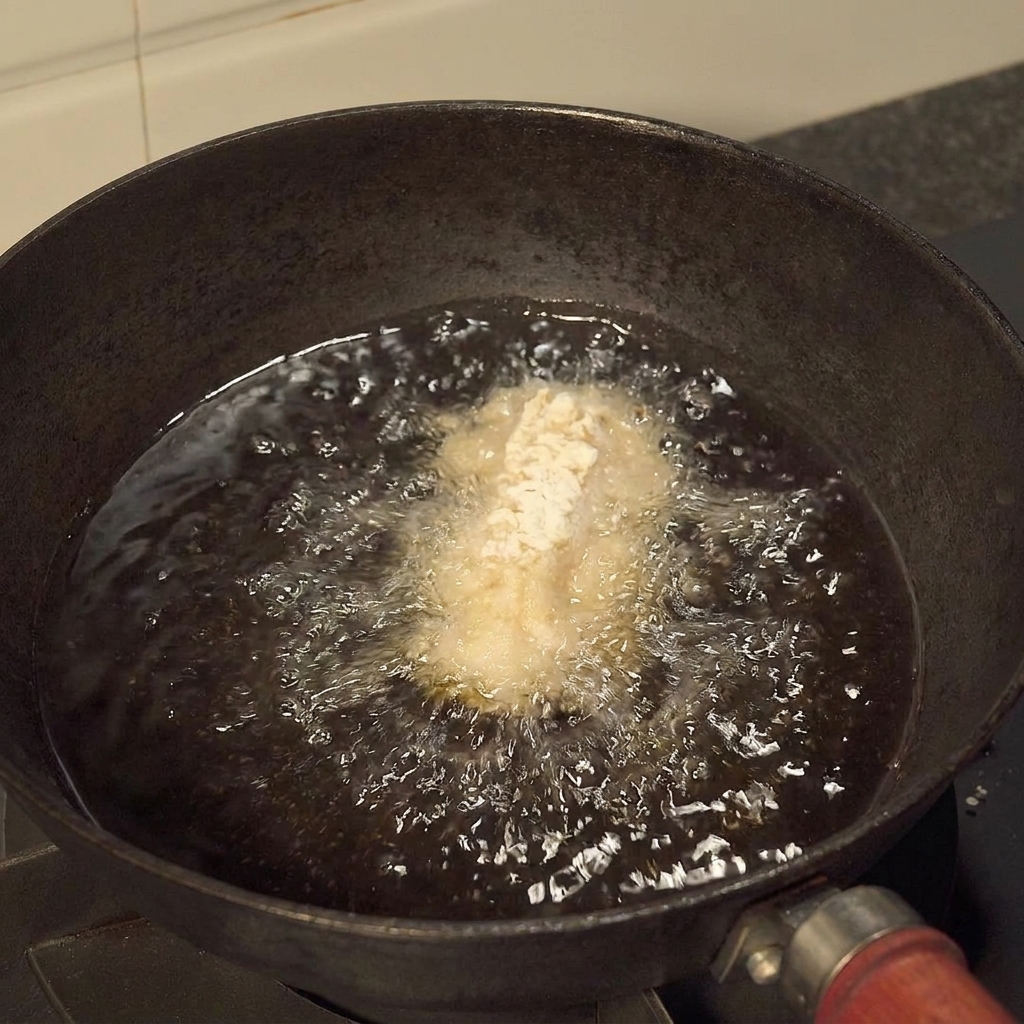 Panierte Hähnchenflügel, die in heißem Öl in einer Pfanne goldbraun frittiert werden.