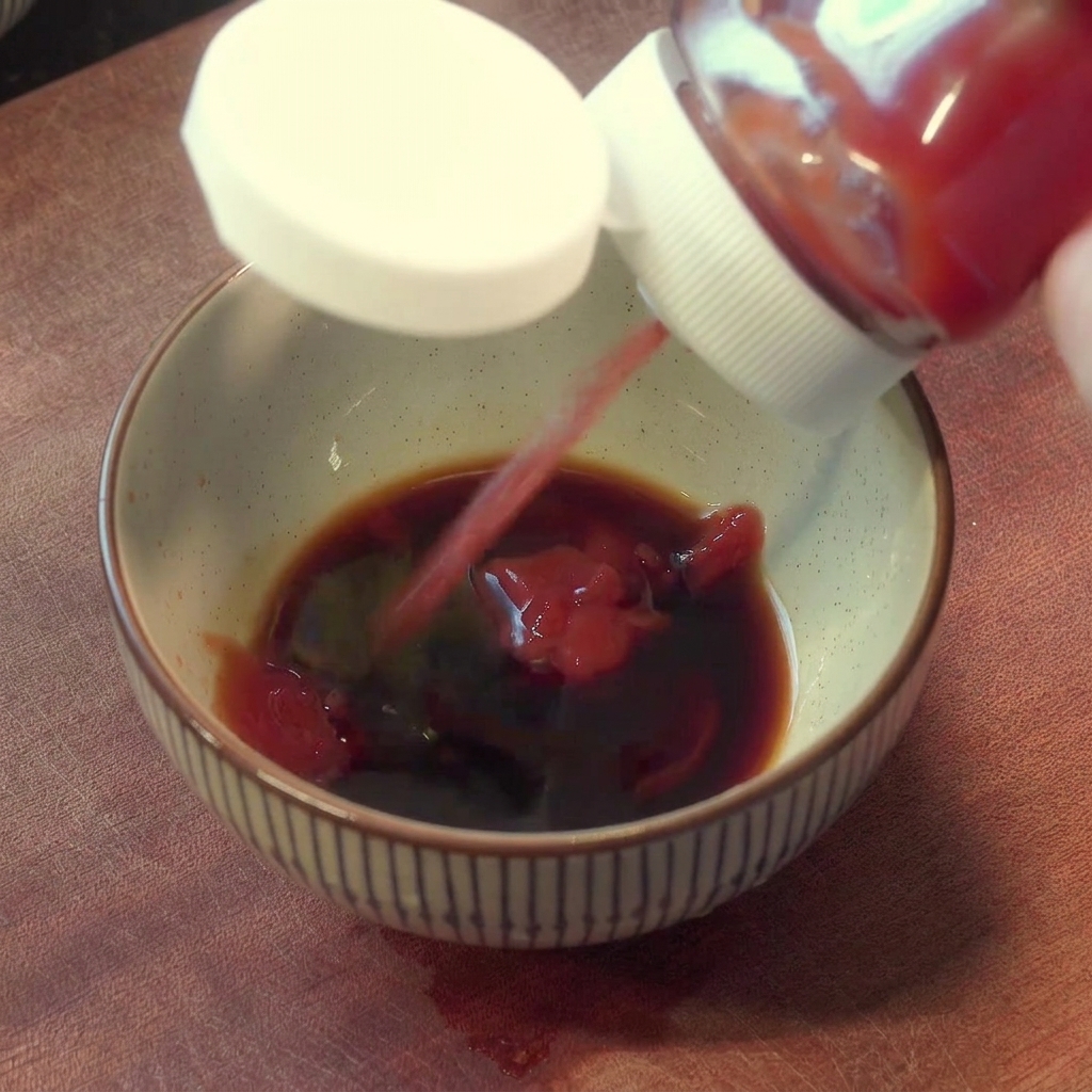Zutaten für die Sauce, darunter Ketchup und scharfe Sauce, die in einer Schüssel vermischt werden.
