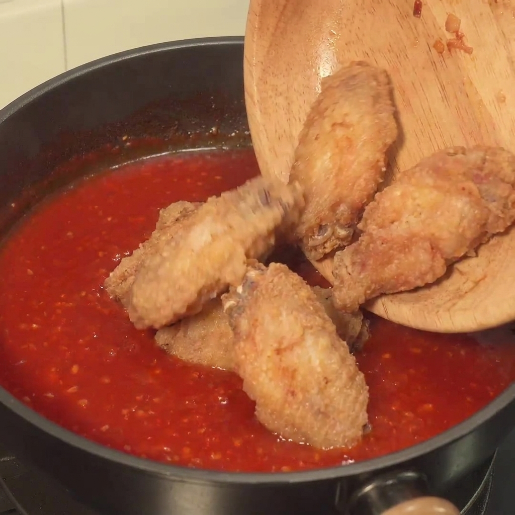 Frittierte Hähnchenflügel werden in einer beschichteten Pfanne in einer dicken, scharfen roten Sauce geschwenkt.