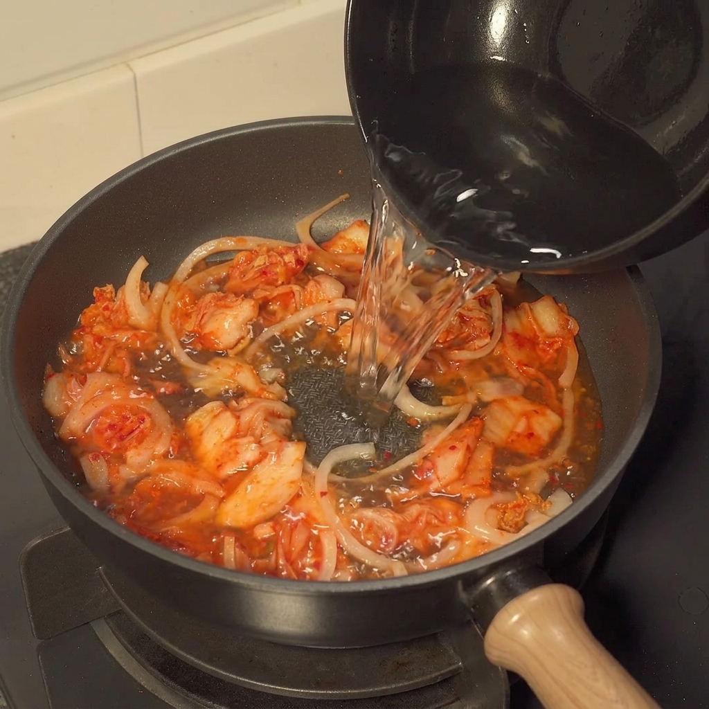 Wasser wird in eine Pfanne mit angebratenen Zwiebeln und Kimchi gegossen, gefolgt von der Zugabe von Sauce und Gewürzen.