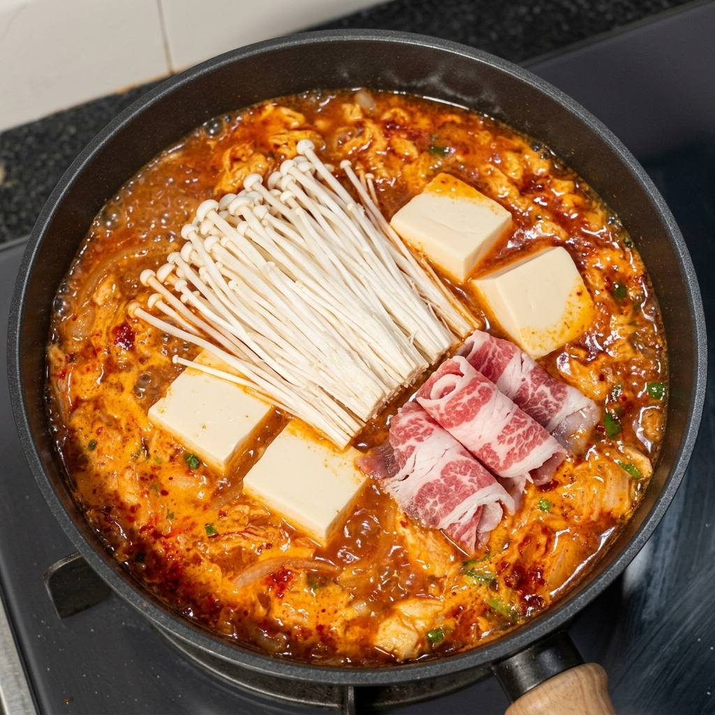 Enoki-Pilze, Seidentofu und rohe Rindfleischscheiben werden in der kochenden roten Brühe angerichtet.