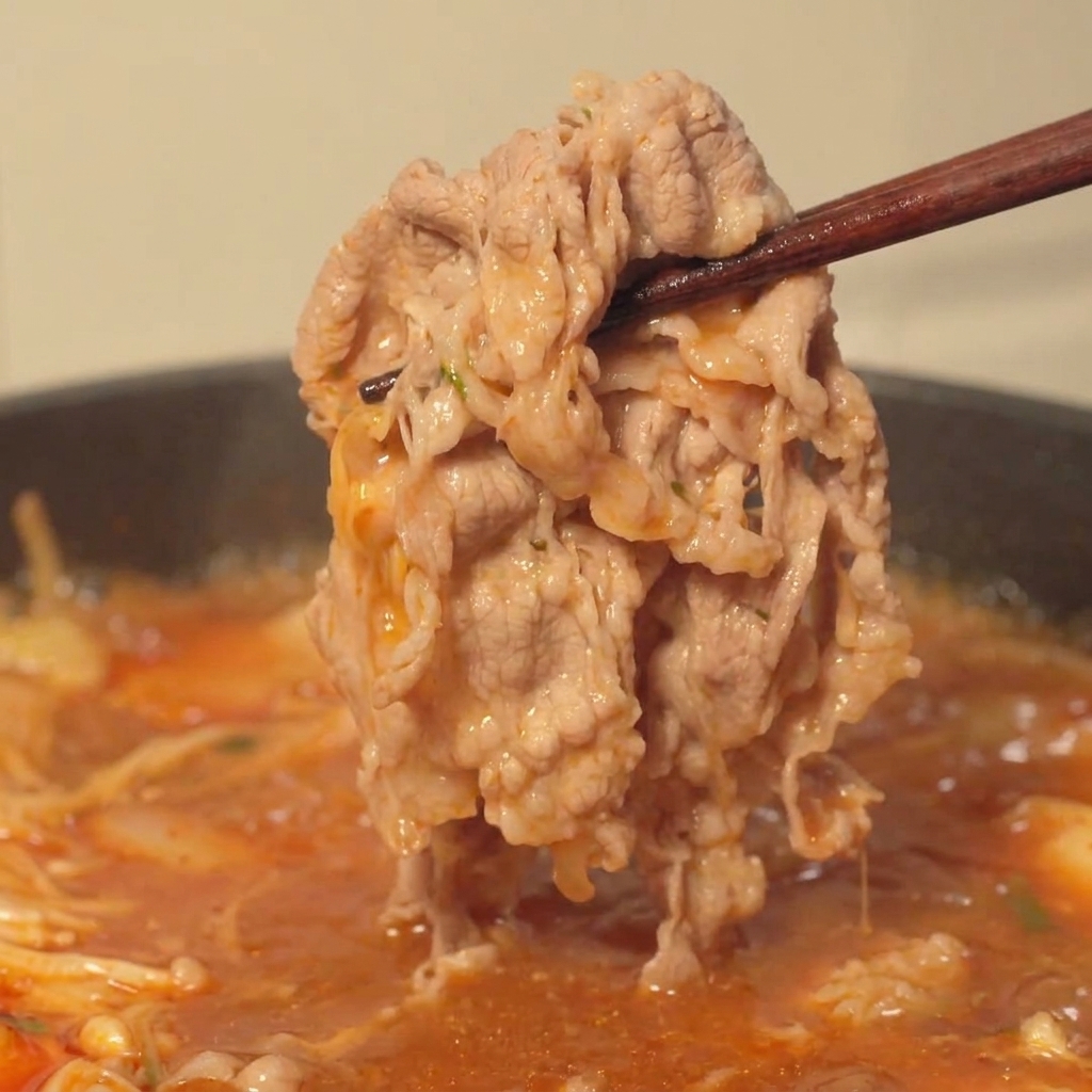 Ramen-Nudeln werden mit Stäbchen aus einem sprudelnden Topf mit scharfer Rindfleischbrühe gehoben.