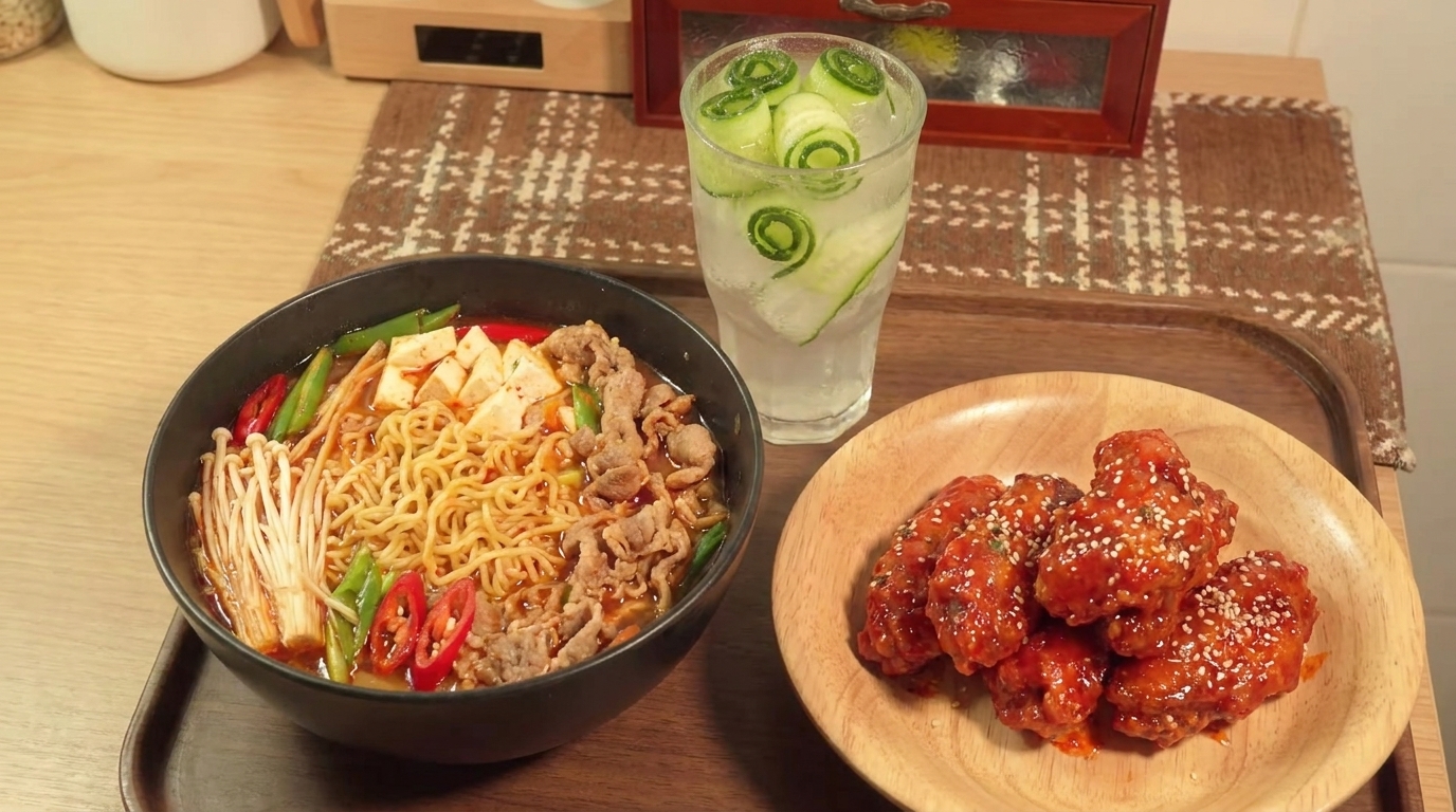 Koreanisches Festmahl: Scharfe Rindfleisch-Ramen & Fried Chicken