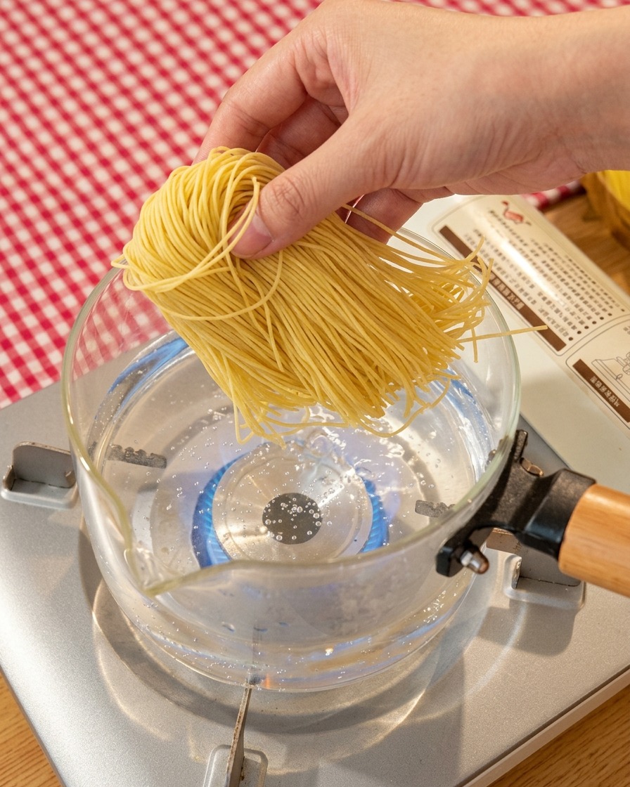 Frische Ramen-Nudeln werden in einem Glastopf auf einem tragbaren Herd gekocht.