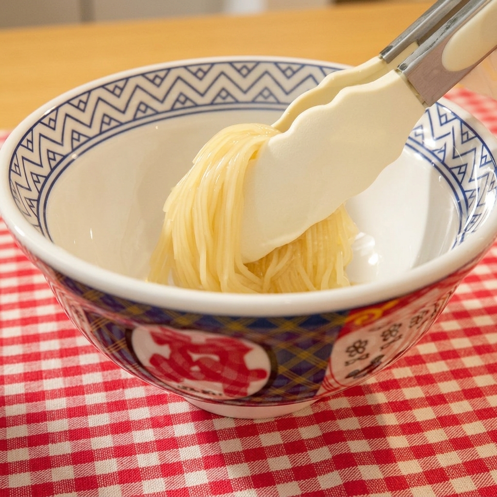 Gekochte Ramen-Nudeln werden mit einer Zange in eine dekorative Keramikschüssel umgefüllt.