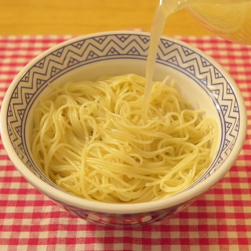 Eine Nahaufnahme: Klare, aromatische Brühe wird aus einem Krug über die vorbereiteten Ramen-Nudeln gegossen.