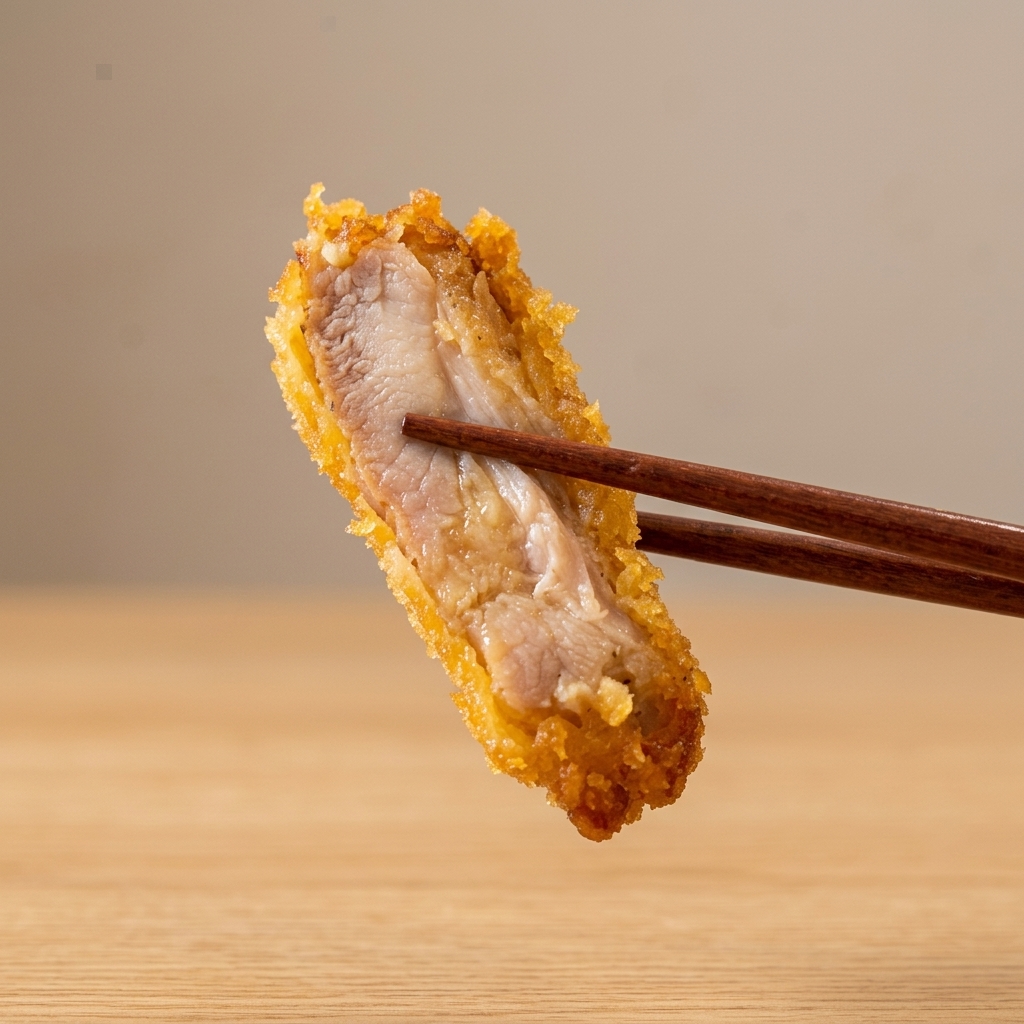Ein paniertes Hähnchenschnitzel wird vorsichtig in eine Pfanne mit heißem Öl gelegt.