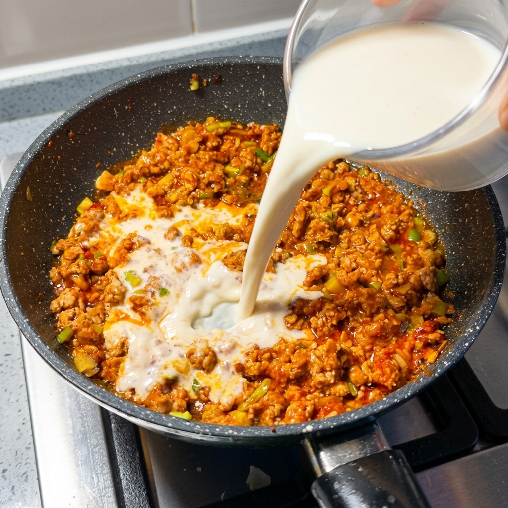Sojamilch wird aus einem Messbecher in die Pfanne mit dem gewürzten Fleisch gegossen.