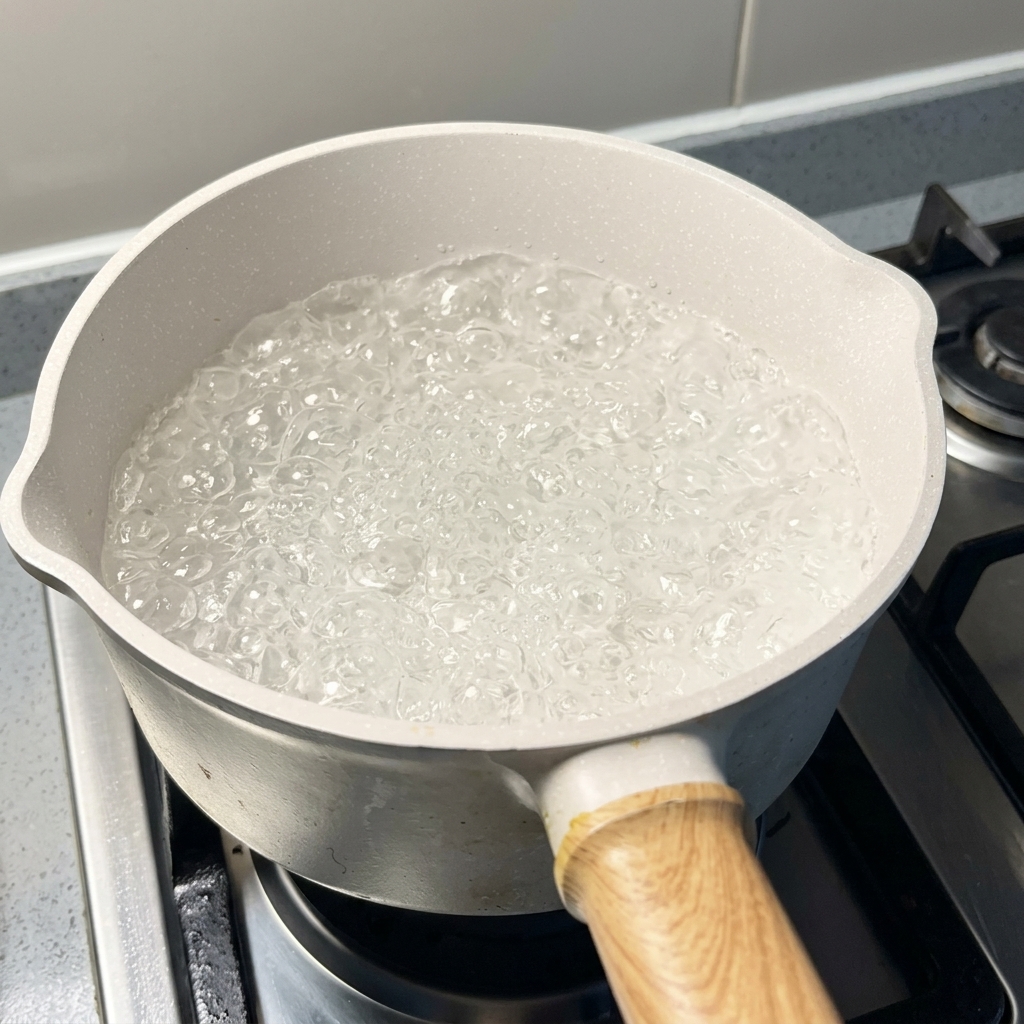 Ein Topf mit kochendem Wasser auf dem Herd.
