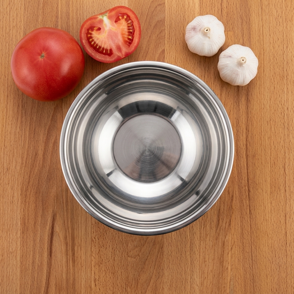 Eine leere Edelstahlschüssel neben einer Tomate und Knoblauchzehen.