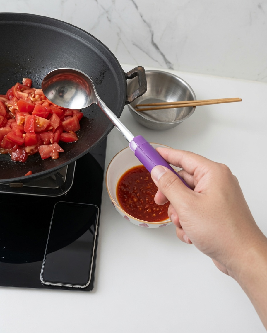 Tomatenstücke schmoren im Wok und geben Saft ab.