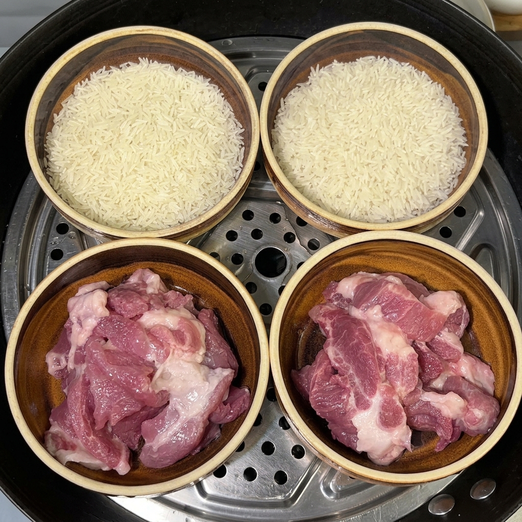 Vier Schüsseln mit Schweinefleisch und Reis, in die jeweils ein Löffel Salz gegeben wird.