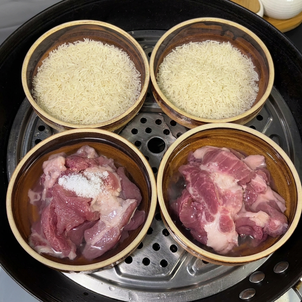 Wasser wird in die mit Fleisch, Reis und Salz gefüllten Keramikschüsseln gegossen.