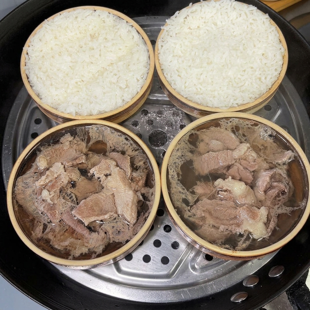 Gedämpfte Schüsseln mit Schweinefleisch und Reis, die mit weißem Pfeffer bestreut werden.