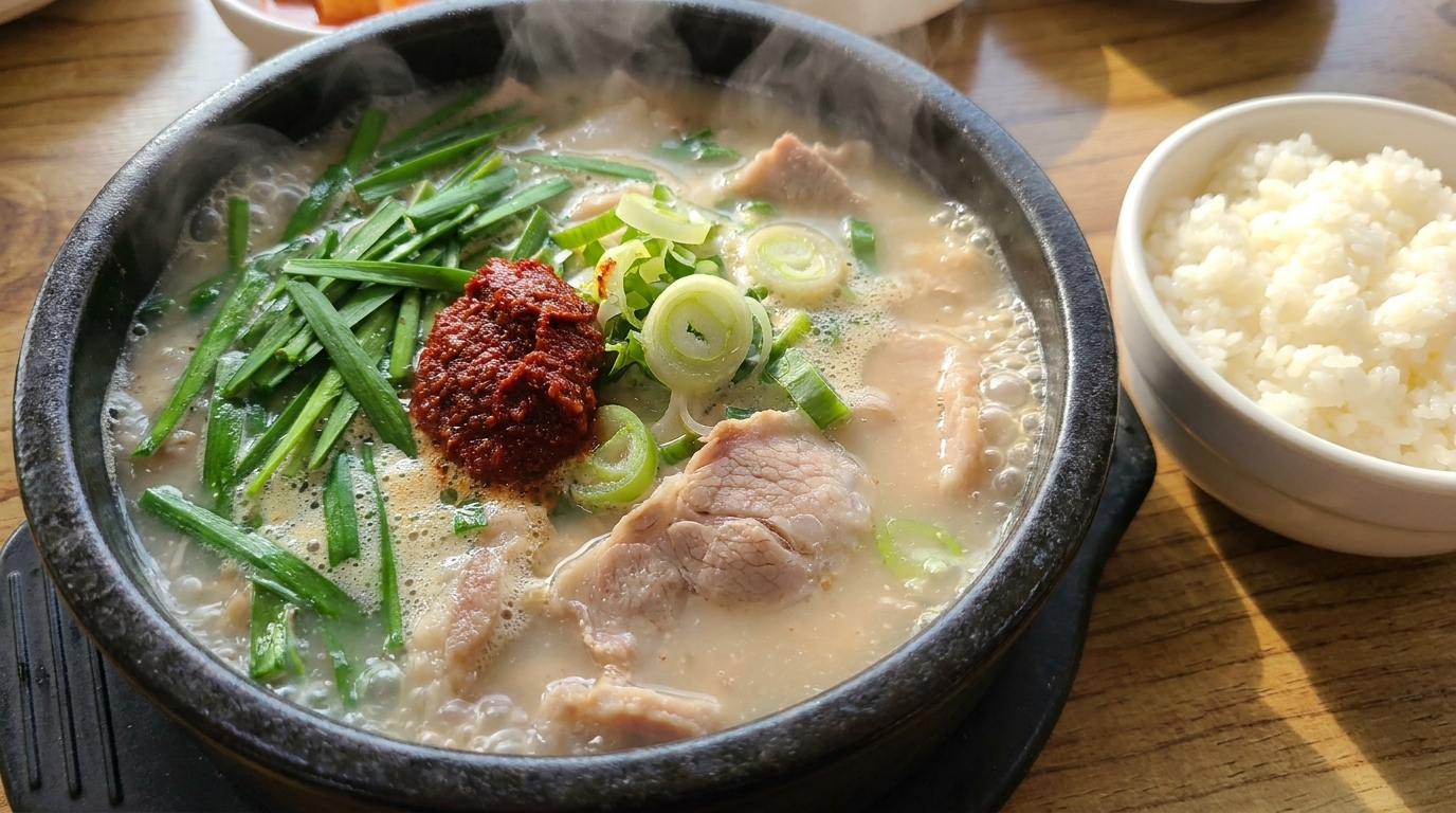 Traditionelle koreanische Schweinefleisch-Reissuppe (Dwaeji-gukbap)