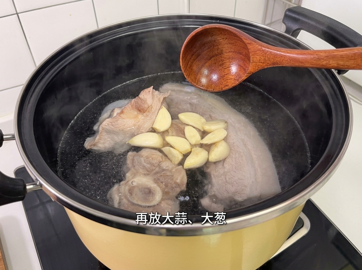 Knoblauch, Zwiebeln und weitere Gewürze werden in den Topf gegeben.