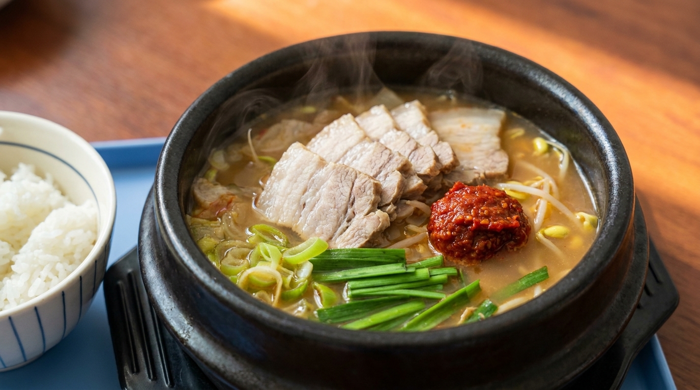 Authentische Yanji-Schweinesuppe mit Reis (Dwaeji Gukbap-Stil)