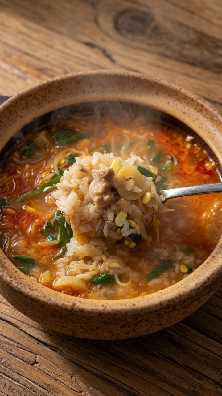 Koreanische Schweineknochensuppe mit Reis (Dwaeji-gukbap-Stil)