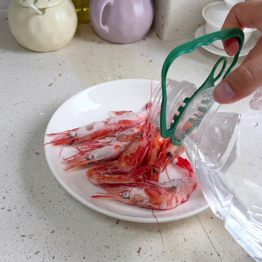 Rohe Süßwasser-Garnelen auf einem weißen Teller, über die Mineralwasser zum Auftauen gegossen wird.