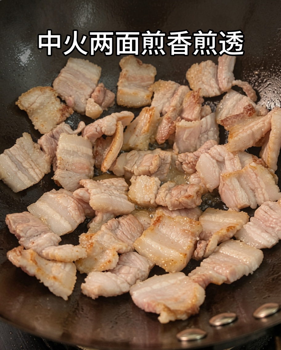 Schweinebauchscheiben im Wok erhalten eine goldbraune Farbe.