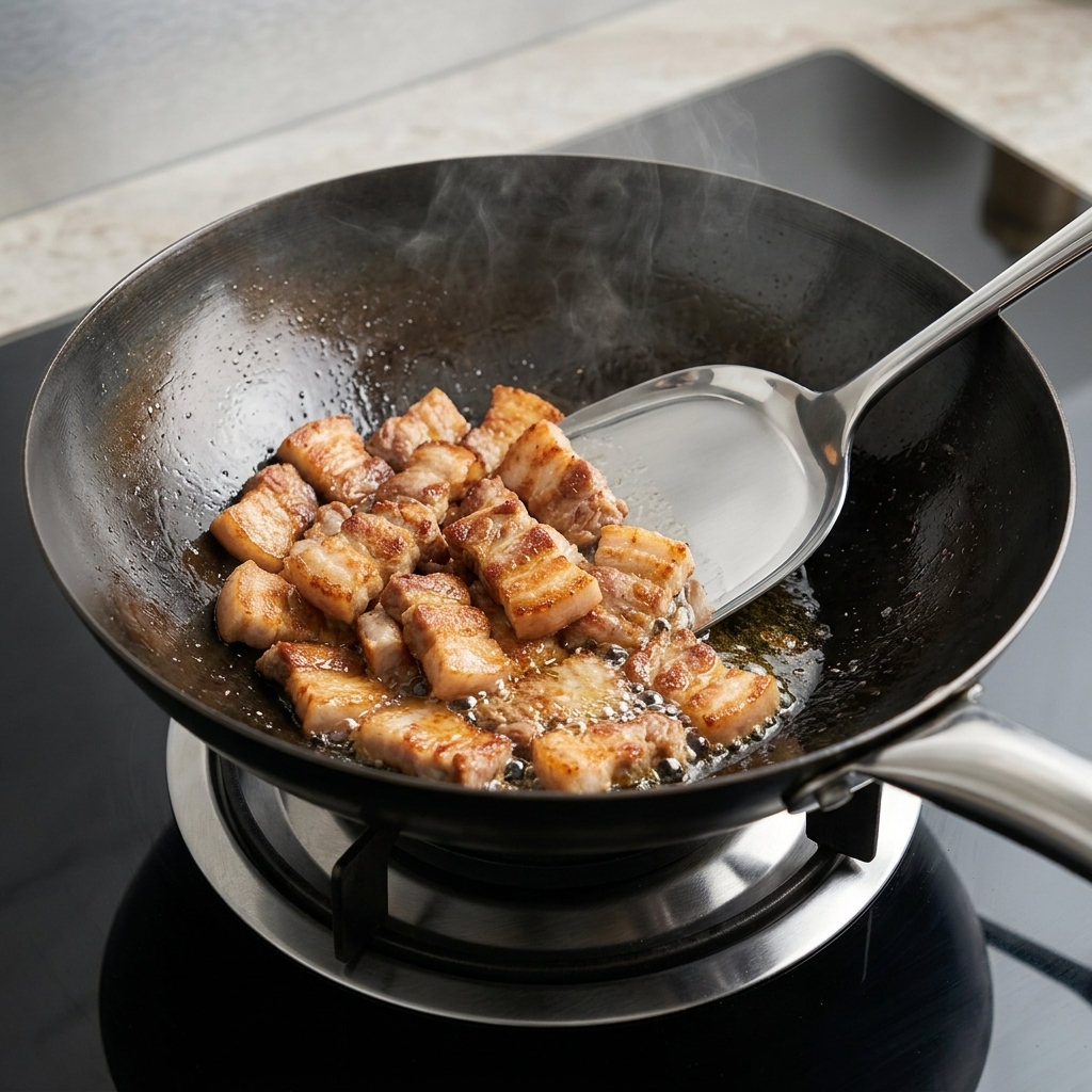 Knoblauchscheiben werden zum Schweinefleisch in den Wok gegeben.