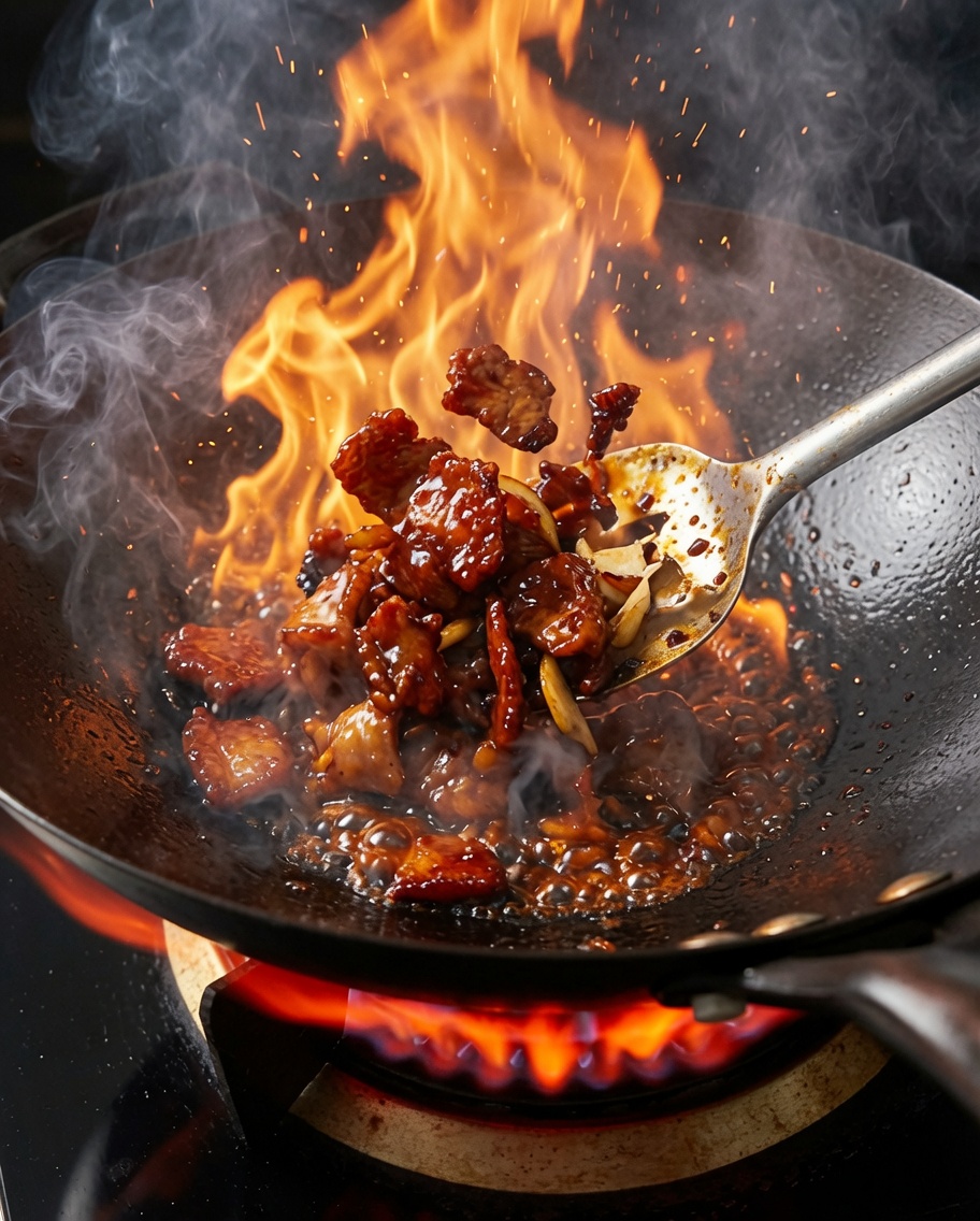 Das Gericht wird fertig angebraten, um den Glanz zu perfektionieren.