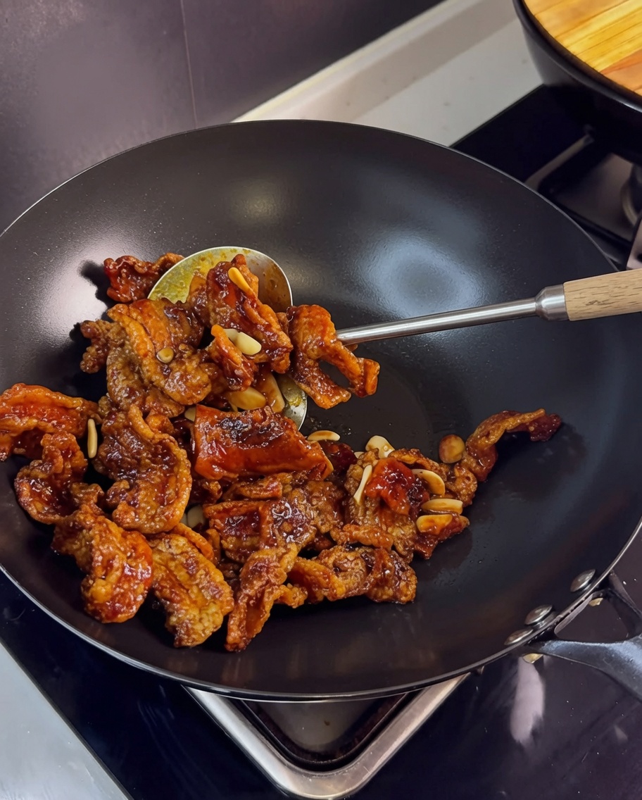 Knuspriger Schweinebauch wird im Wok mit Knoblauch und der würzigen braunen Sauce gewendet.