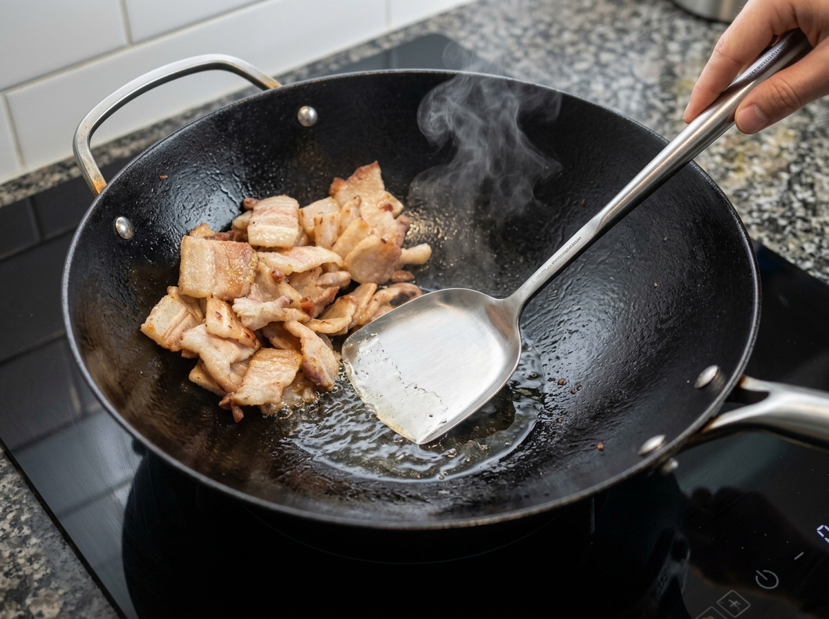 Ein Löffel schöpft überschüssiges Fett aus dem Wok mit gebratenem Schweinebauch.