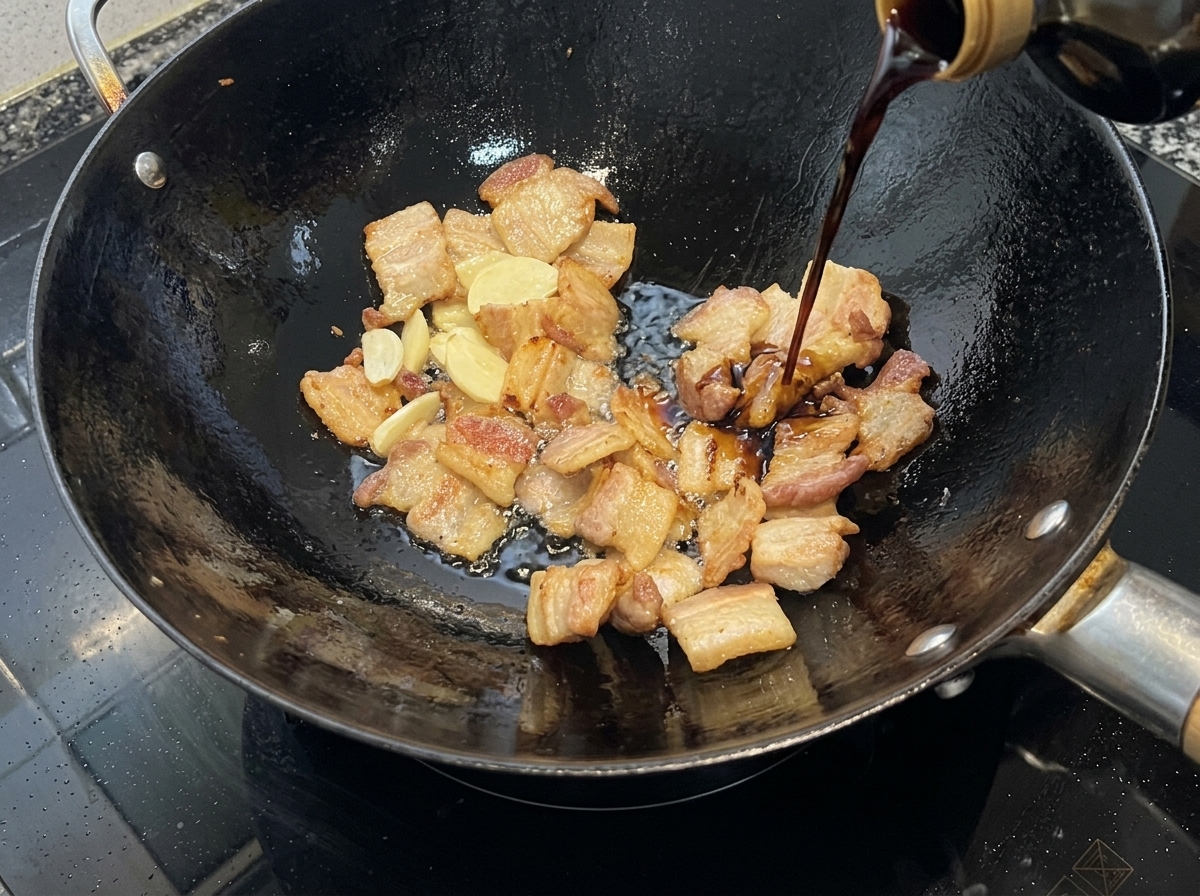 Sojasauce und Austernsauce werden über Fleisch und Knoblauch in den Wok gegossen.