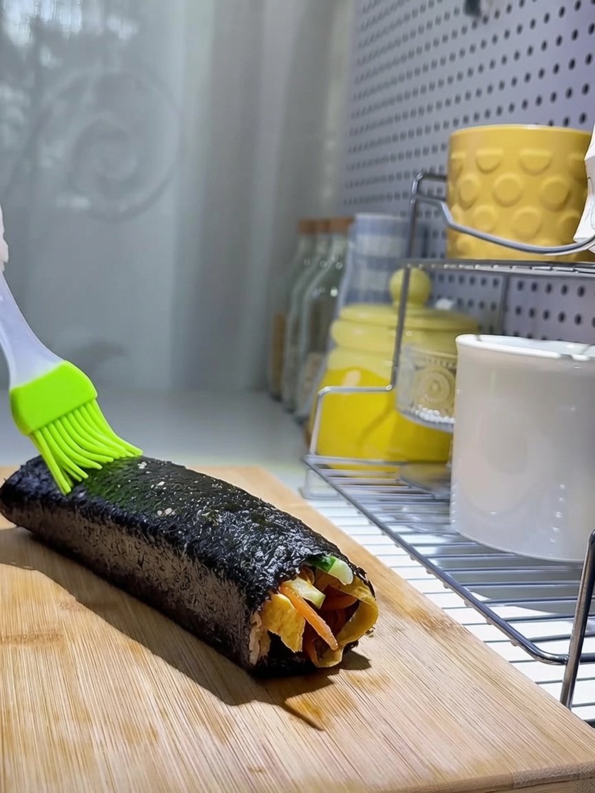 Nahaufnahme beim Bestreichen der Rolle mit Öl und Bestreuen mit Sesam.