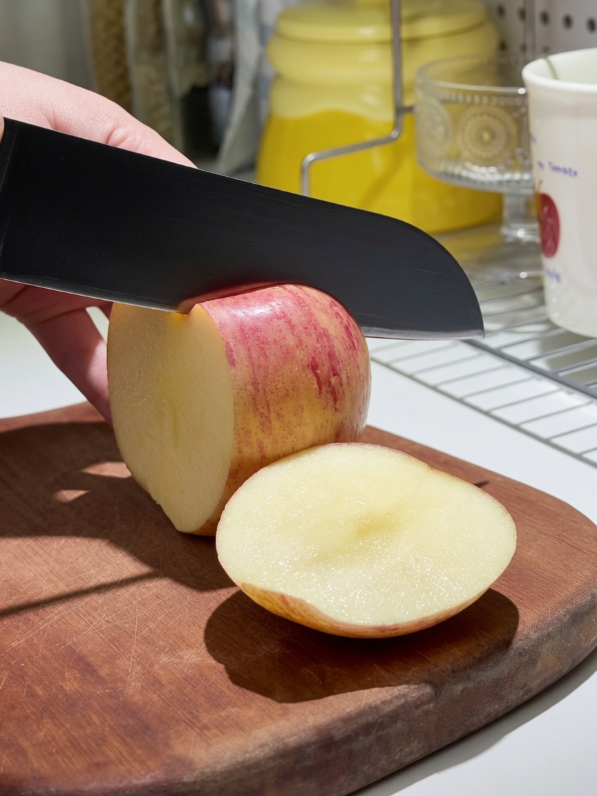 Frische rote Äpfel in Spalten geschnitten auf einem Holzbrett.