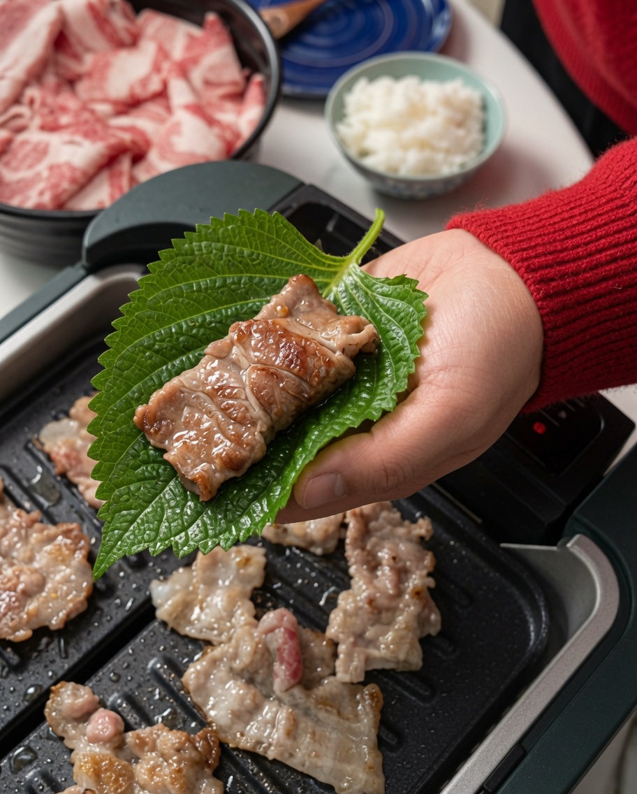 Ein Stück gegrillter Schweinebauch wird mit Stäbchen auf die vorbereiteten Blätter gelegt.