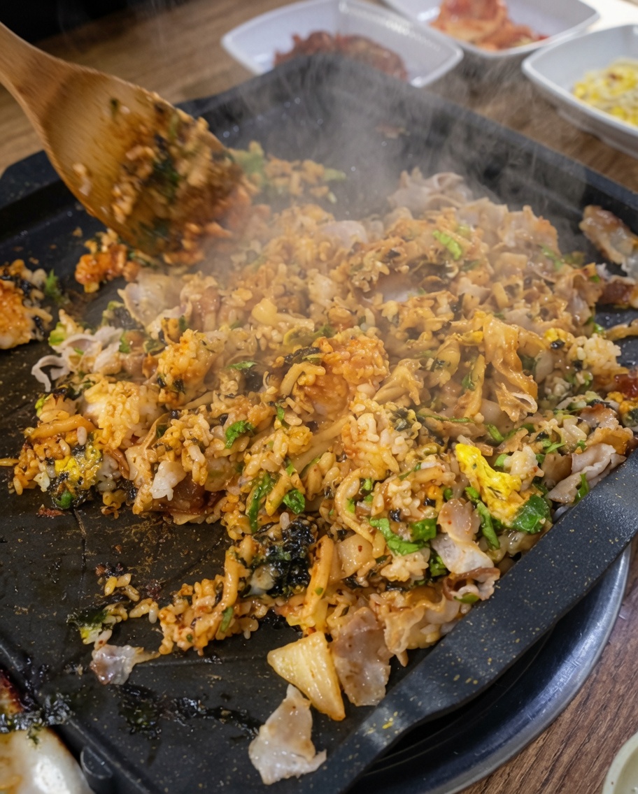 Eine dünne Schicht gebratener Reis mit Fleisch und Gemüse liegt flach auf der Grillfläche und beginnt knusprig zu werden.