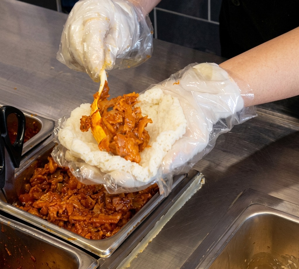Der Koch platziert eine Portion Kimchi-Schweinebauch-Füllung auf einen Reisfladen.