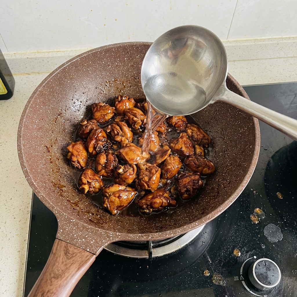 Wasser wird mit einer Schöpfkelle in eine Pfanne voller angebratener Schweinerippchen gegossen.