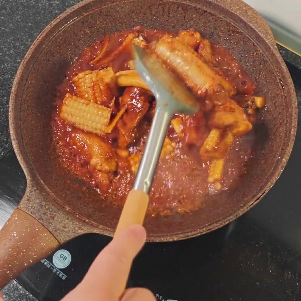 Der Topf wird während des Garens offen gelassen, damit die Sauce zu einer Glasur eindicken kann.