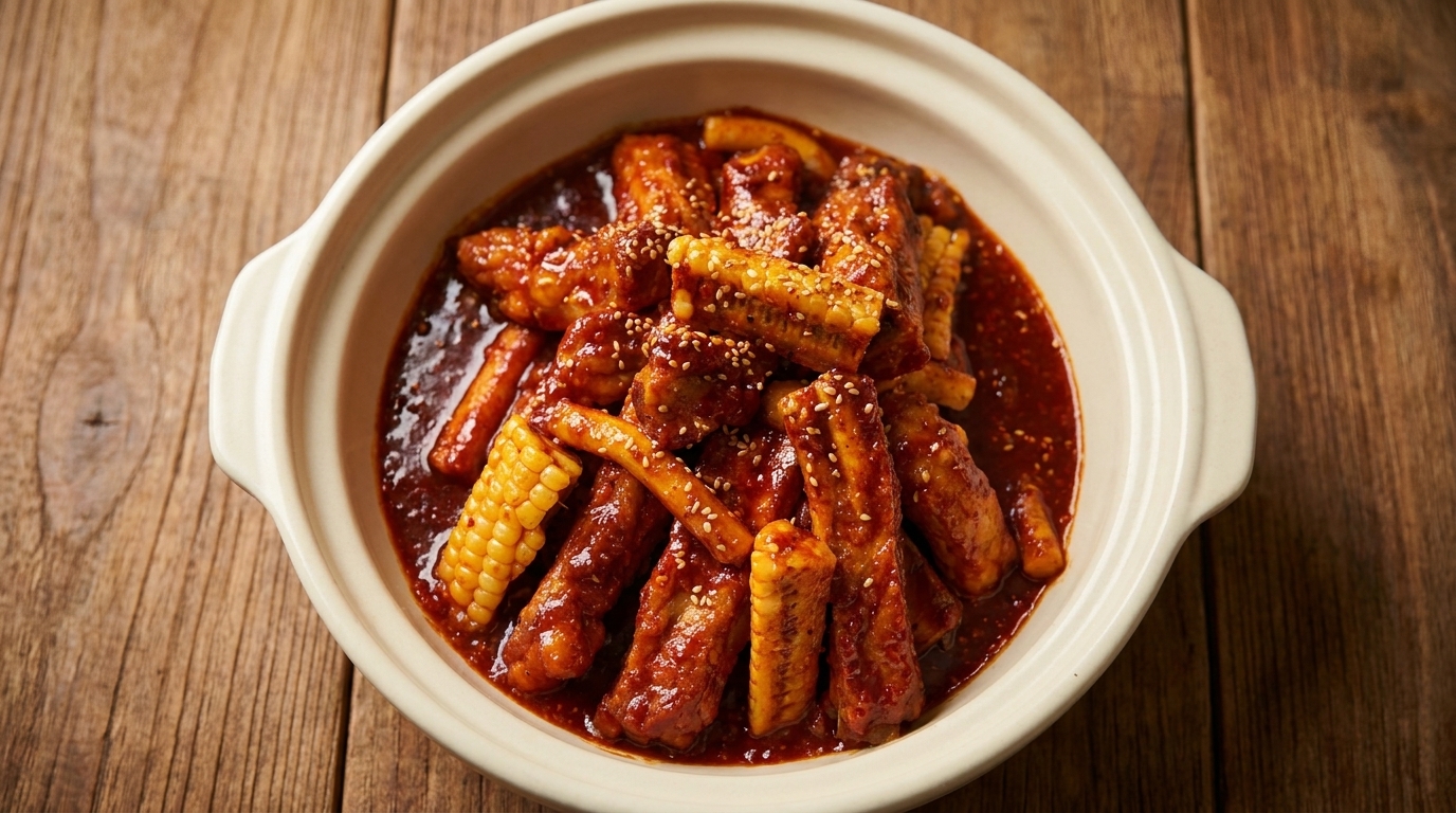 Koreanische würzige geschmorte Schweinerippchen (Dwaeji Galbi-jjim)