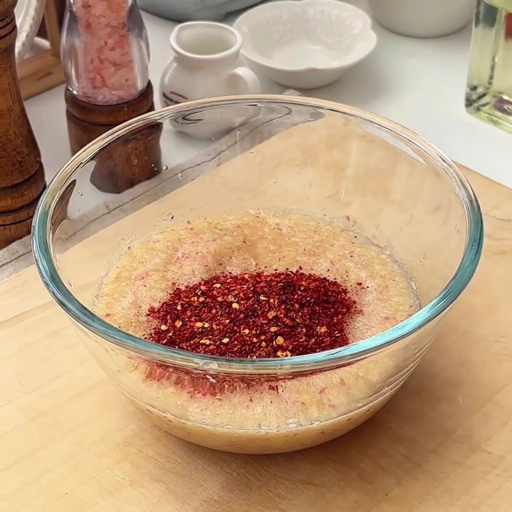 Eine Glasschüssel mit Fruchtpaste und Gewürzen wie Chiliflocken, Zucker und Gochujang.