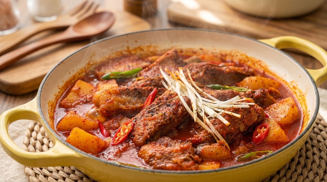 Koreanische würzige geschmorte Schweinerippchen (Dwaeji Galbi-jjim)