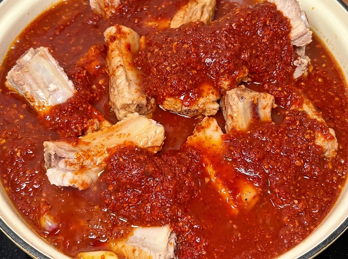 Schweinerippchen schmoren in einer tiefroten, dicken koreanischen Würzsauce in einem Topf.