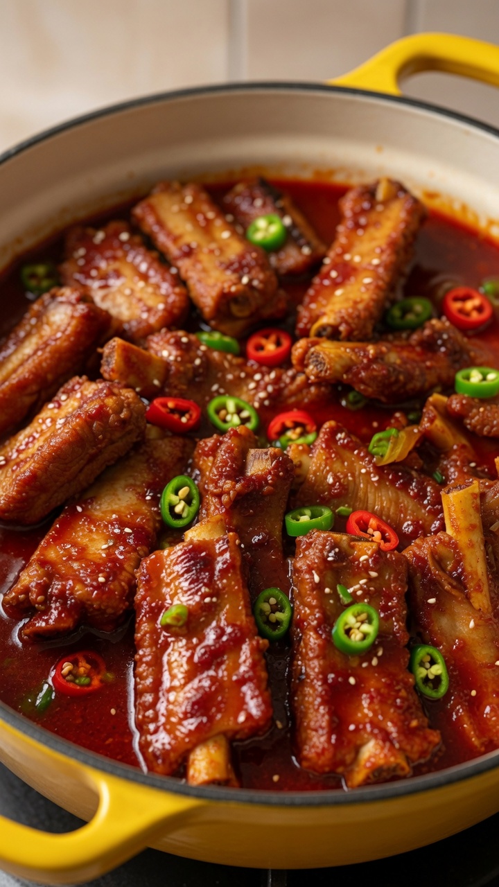 Koreanische würzige geschmorte Schweinerippchen (Dwaeji Galbi-jjim)