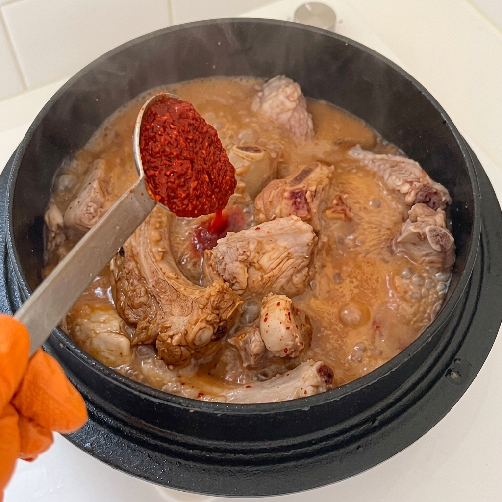 Ein Löffel fügt rotes Chilipulver und gehackten Knoblauch in einen Topf mit Rippchen und Flüssigkeit hinzu.