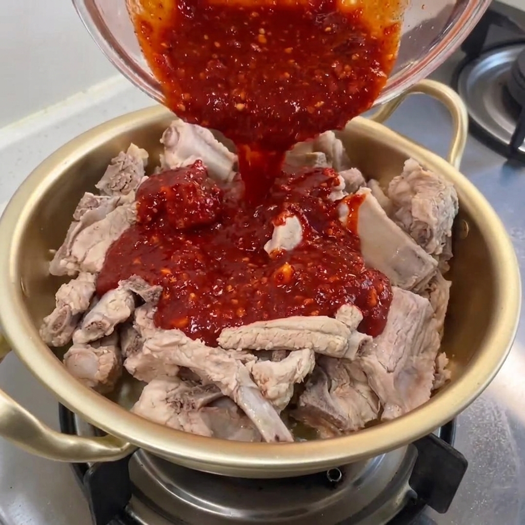 Scharfe rote Sauce wird in einem Metalltopf über gekochte Schweinerippchen gegossen.