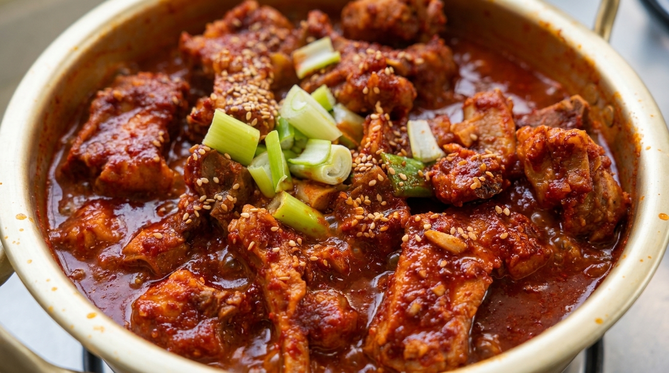 Scharfe Koreanische Geschmorte Schweinerippchen (Dwaeji Galbi-jjim)