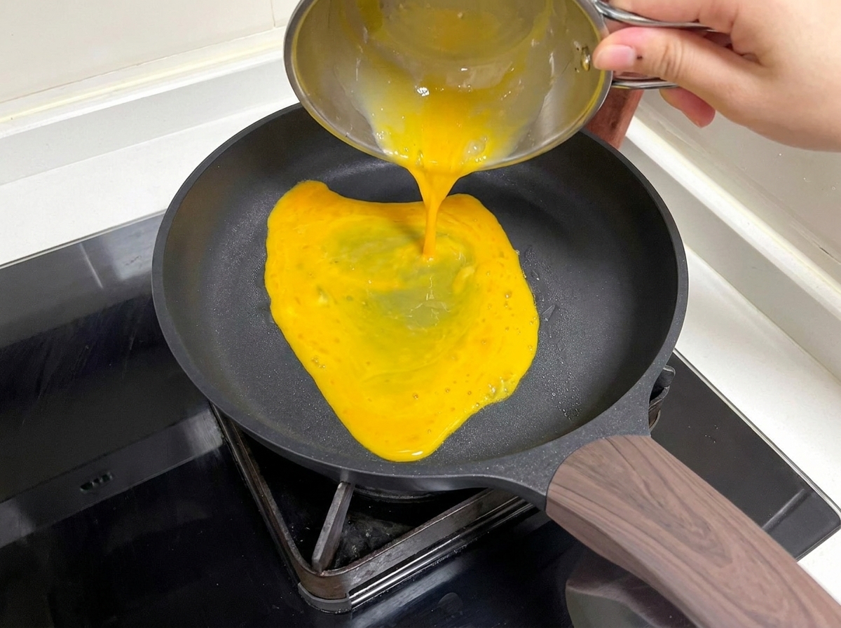 Verquirlte Eimischung wird in eine Pfanne gegossen, um ein dünnes Ei-Crêpe zu machen.